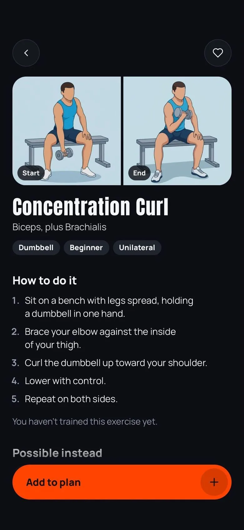 Konzentrationscurl mit gezeichneter Start- und Endposition, Bizeps und Brachialis, Kurzhantel, Einsteiger und fünf nummerierte Schritte zur Ausführung