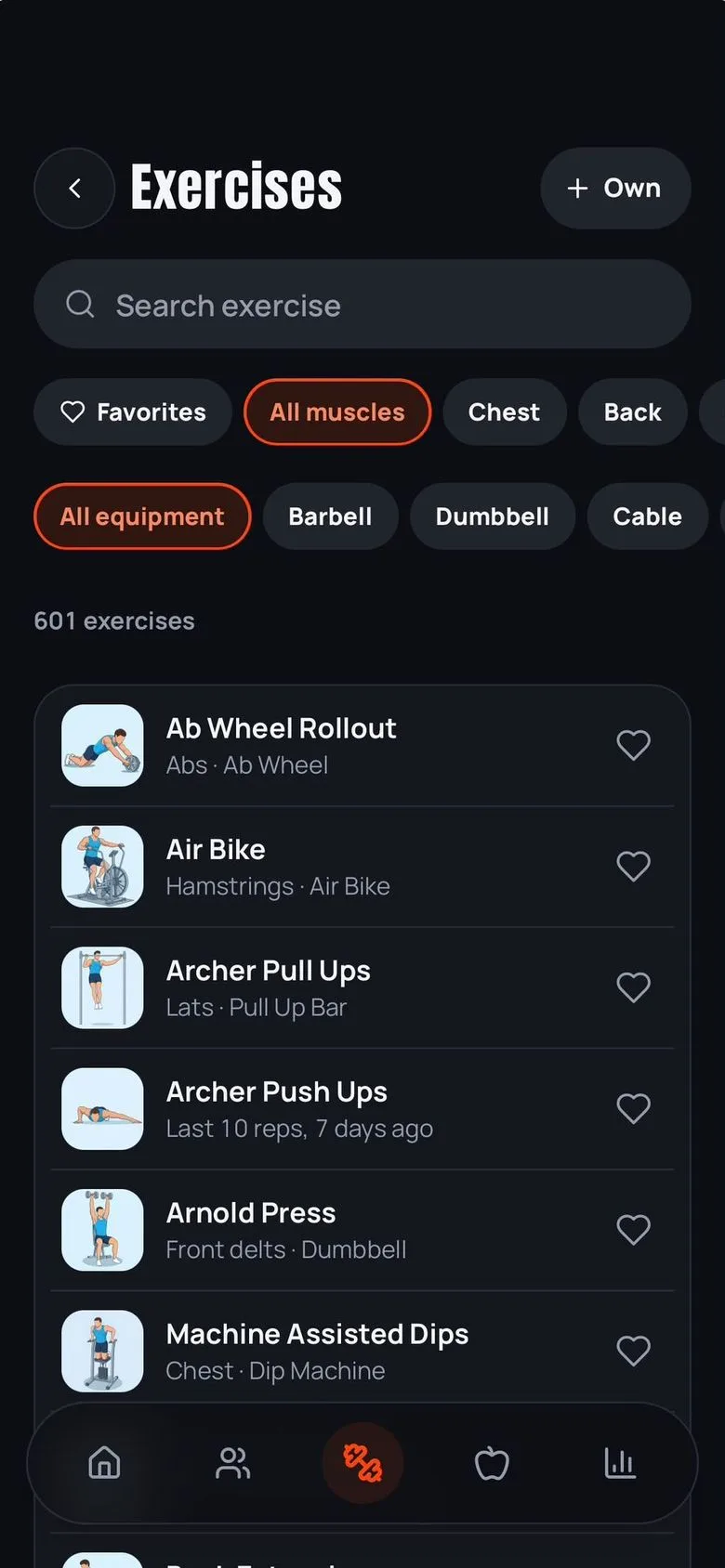 Die Übungsbibliothek mit Suchfeld, Filtern für Muskeln und Equipment, 601 Übungen und einer Liste, die mit Ab Wheel Rollout, Air Bike und Archer Pull Ups beginnt