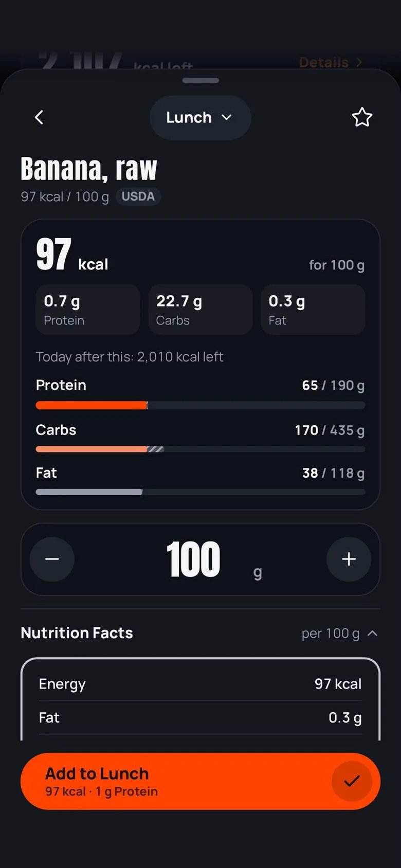 Banane, roh, kommt zum Mittagessen dazu: 100 g, 97 kcal mit 0,7 g Eiweiß, 22,7 g Kohlenhydraten und 0,3 g Fett, Eiweiß, Kohlenhydrate und Fett des Tages im Vergleich zum Ziel und die Nährwerte pro 100 g